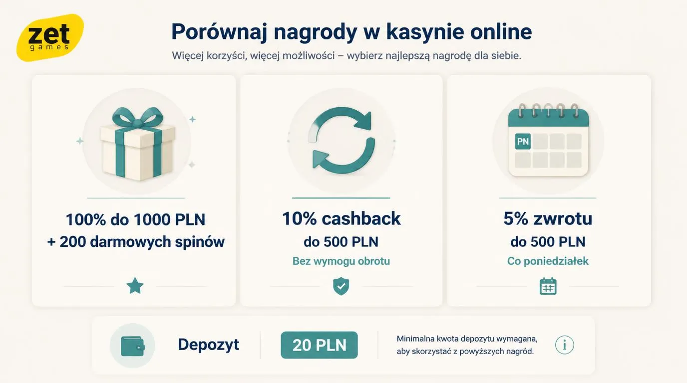 Trzy karty promocji z bonusem powitalnym, cashbackiem i nagrodami tygodniowymi oraz oznaczeniem depozytu 20 PLN