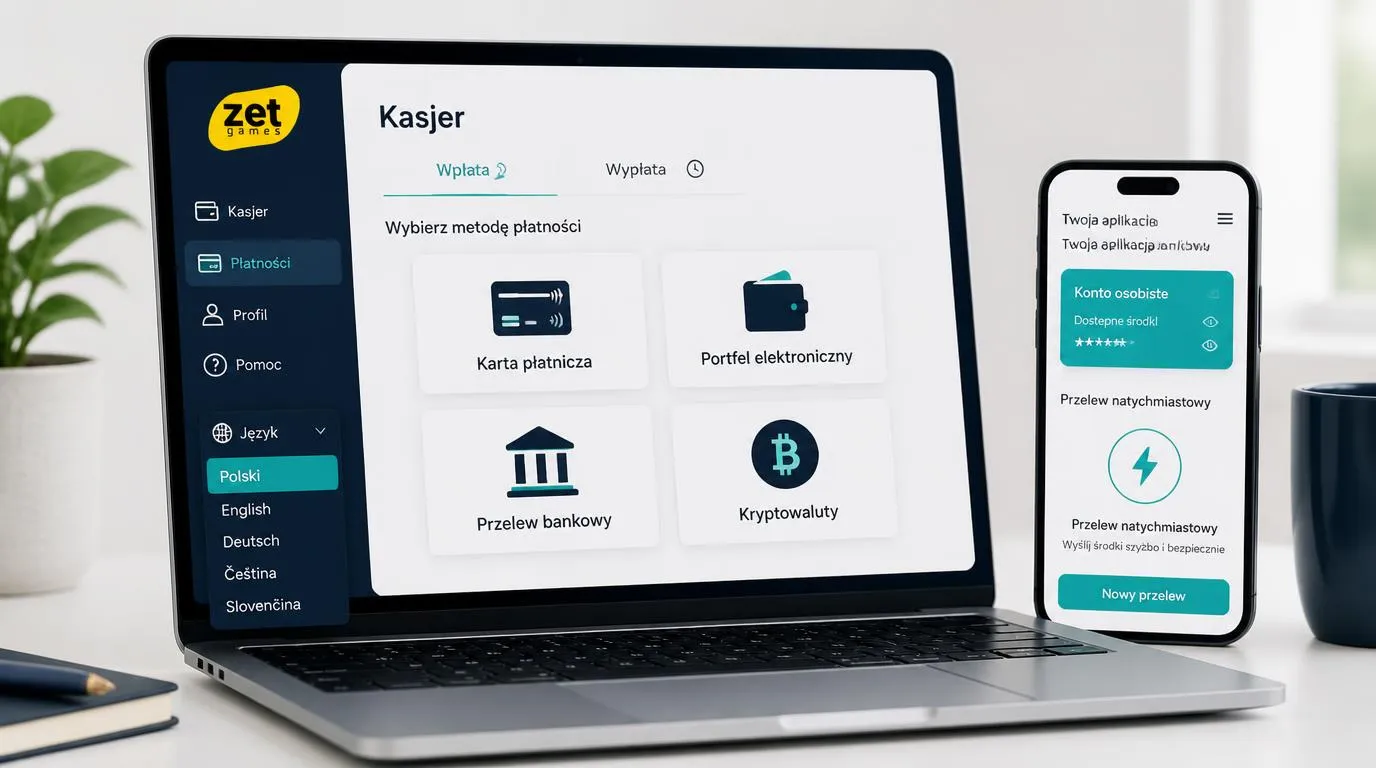 Panel płatności kasyna z kartą, portfelem elektronicznym, przelewem, kryptowalutą i wyborem języka