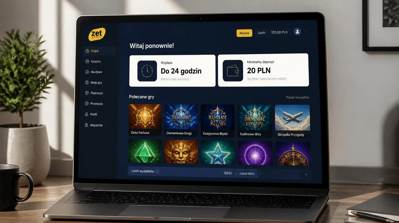 Panel kasyna z terminem wypłaty do 24 godzin, depozytem 20 PLN i biblioteką gier na ekranie laptopa