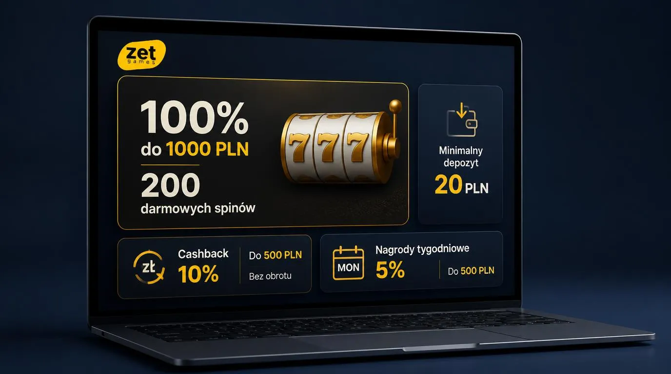 Panel oferty powitalnej ze 100% do 1000 PLN, 200 darmowymi spinami i minimalnym depozytem 20 PLN