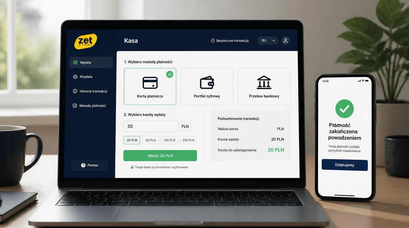 Panel kasy w PLN z wyborem karty, portfela elektronicznego i przelewu oraz podsumowaniem wpłaty