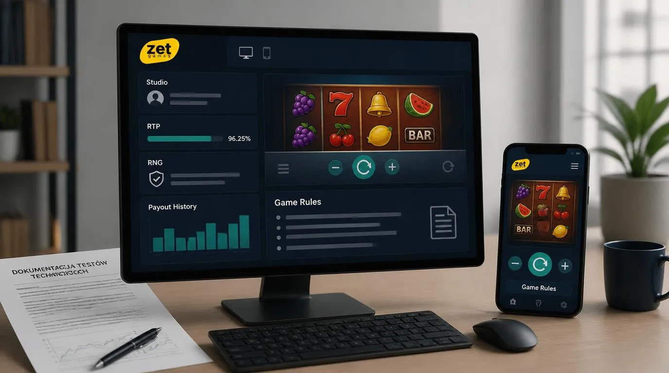 Panel gry kasynowej z informacjami o producencie, RTP i testach RNG obok widoku na telefonie